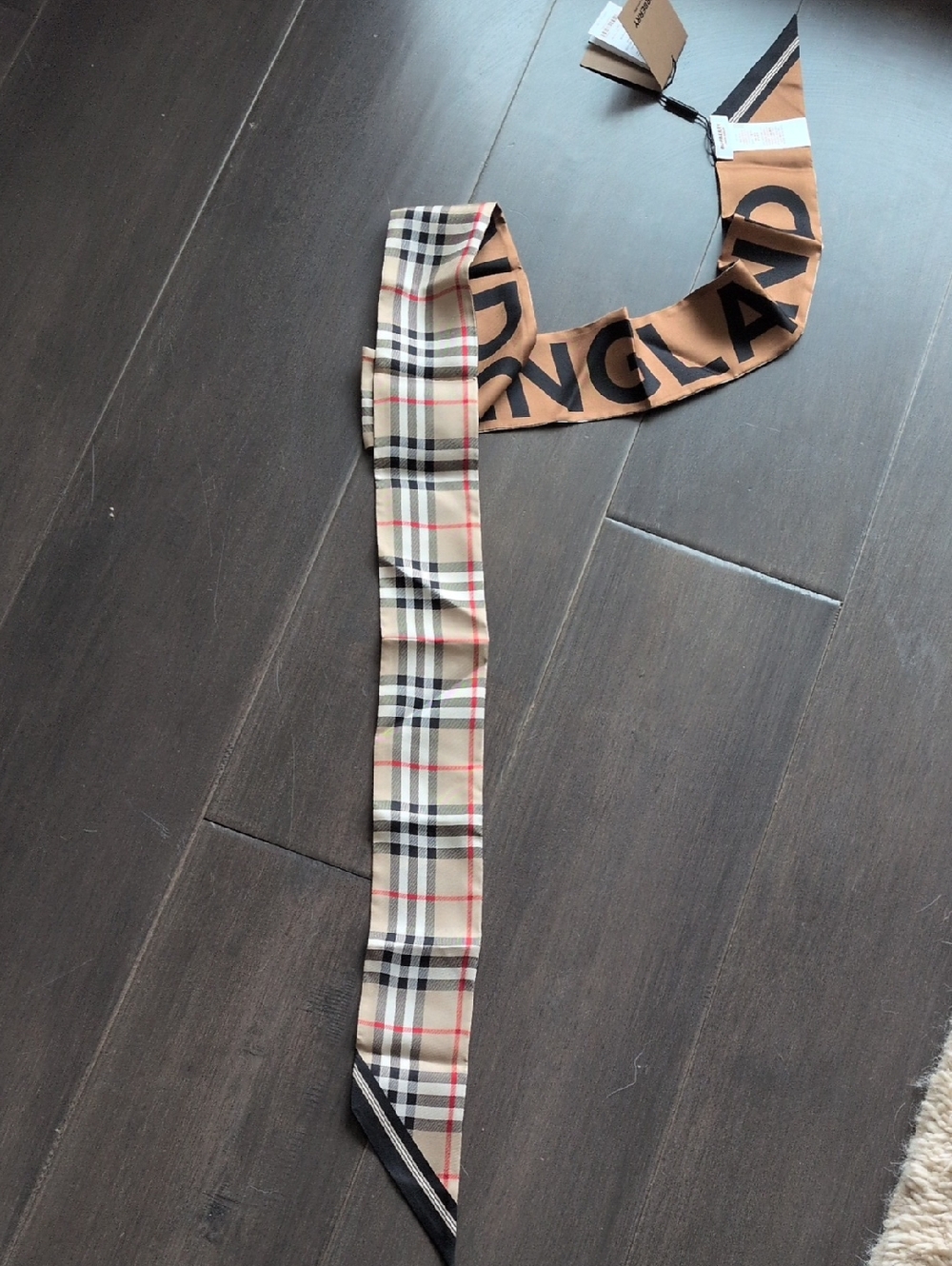 Burberry Beige Nova Check Skinny Silk Scarf with Black and Red Accents - Picture 9 of 9